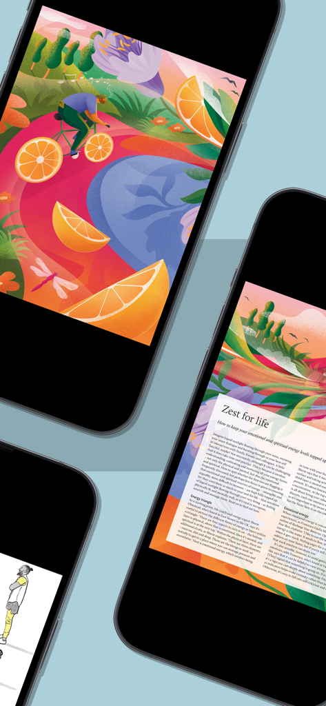 Interfaz de la aplicación de la revista Breathe con ilustraciones creativas y un artículo titulado Ganas de vivir