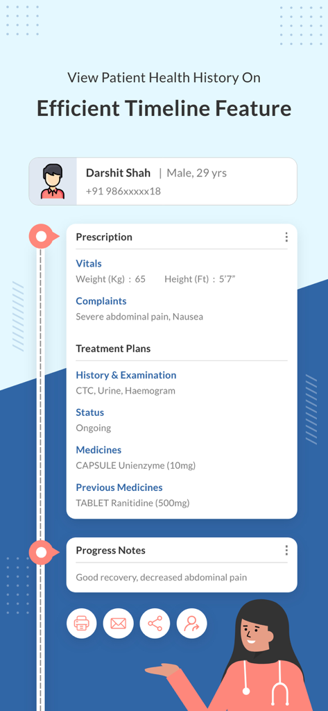 Interfaz de la aplicación móvil que muestra una línea de tiempo del historial de salud del paciente con detalles de recetas, signos vitales y notas de progreso médico.