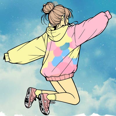 realistic girl jumping with a bun and oversized sweatshirt