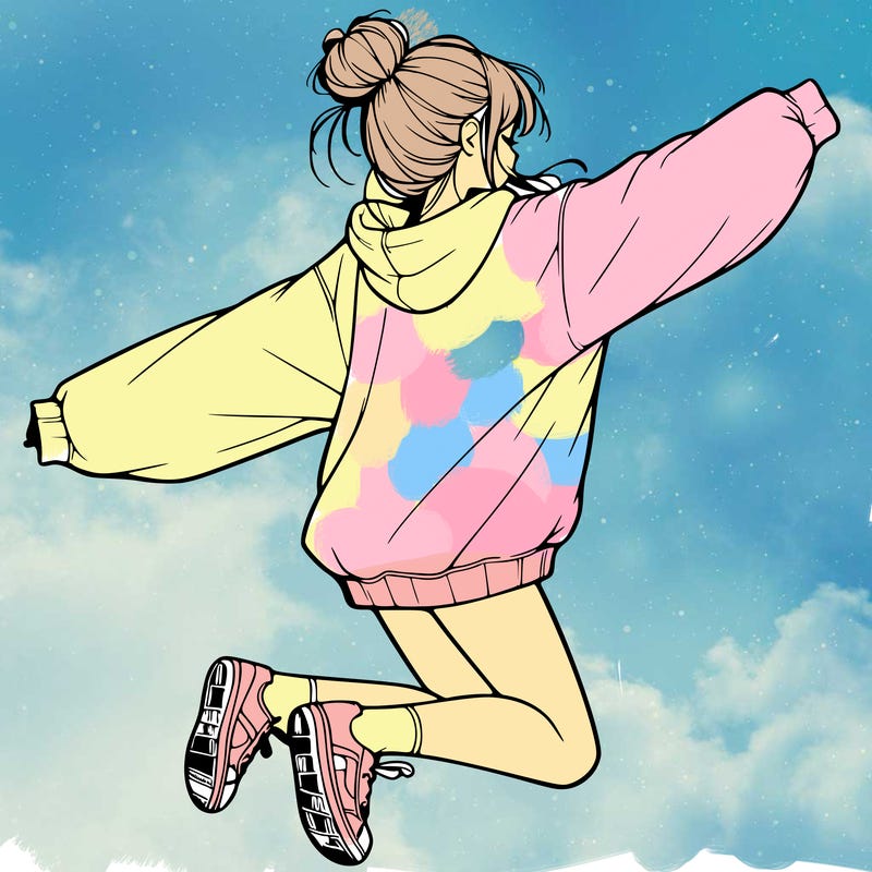 realistic girl jumping with a bun and oversized sweatshirt