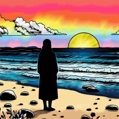 realistic sunset with the ocean and a girl standing on the beach