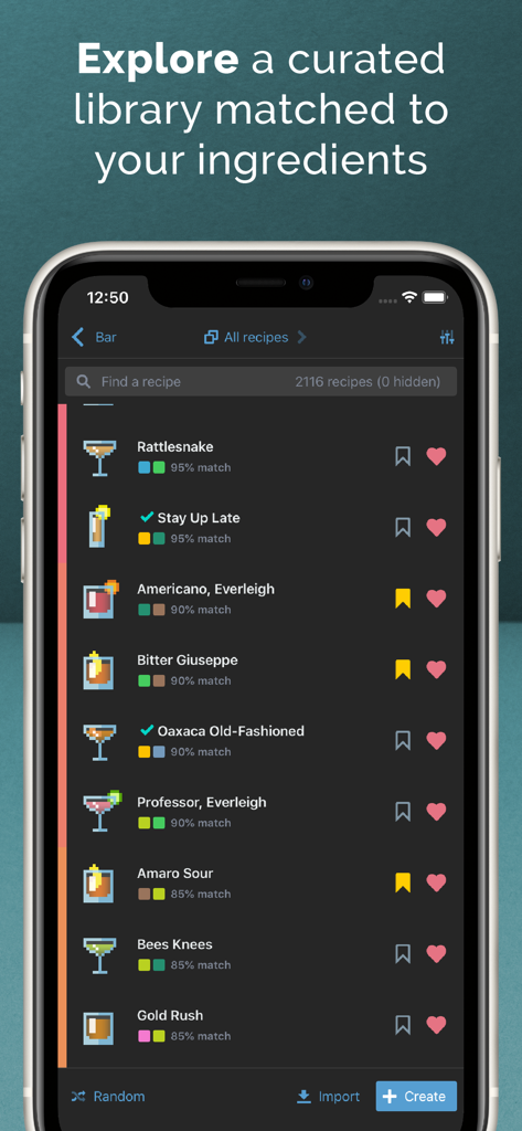 Mixel app interface displaying a list of cocktail recipes matched to available ingredients with pixel art icons