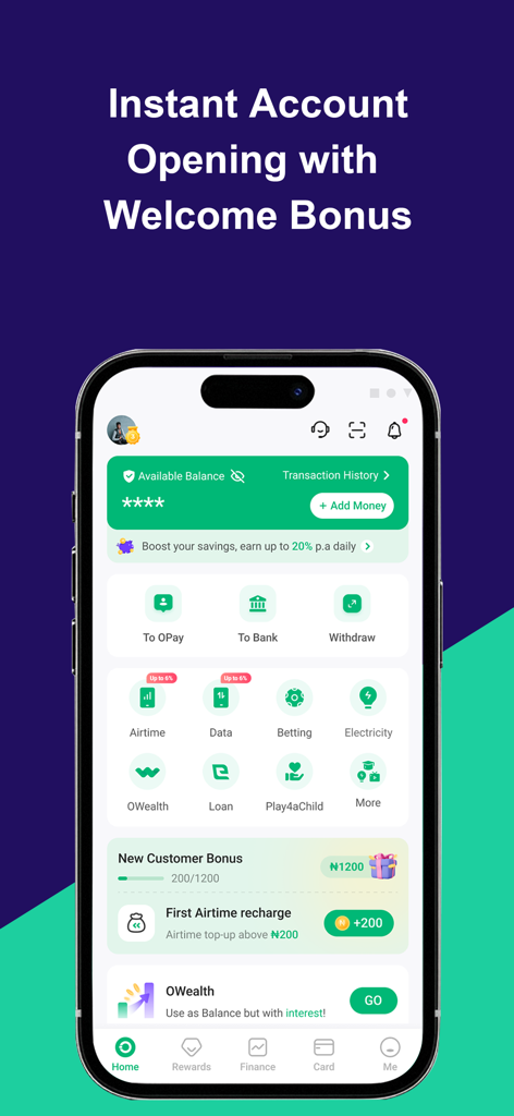 OPay app home screen displaying financial services, account balance, and new customer bonus offers.