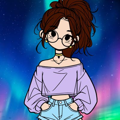 girl with a messy ponytail glasses a baggy crop top and jean shorts