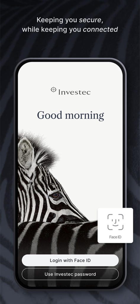 Tela de login do aplicativo Investec Private Client com autenticação Face ID e uma imagem de fundo de zebra