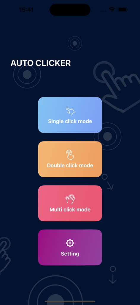 Auto Clicker : Auto Tap - Main menu of Auto Clicker showing single double and multi click mode options