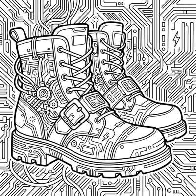 Unleash your creativity with this unique Cyberpunk Leprechaun Shoes coloring page, blending ancient folklore with a high-tech twist. Dive into a world of intricate wiring, futuristic buckles, and detailed circuit board patterns awaiting your vibrant colors.