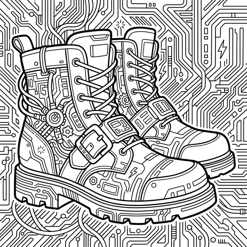 Unleash your creativity with this unique Cyberpunk Leprechaun Shoes coloring page, blending ancient folklore with a high-tech twist. Dive into a world of intricate wiring, futuristic buckles, and detailed circuit board patterns awaiting your vibrant colors.