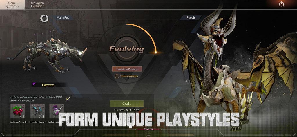 Last Island of Survival - Un écran de menu montrant l'évolution biologique d'un animal de compagnie robotique en dragon dans Last Island of Survival