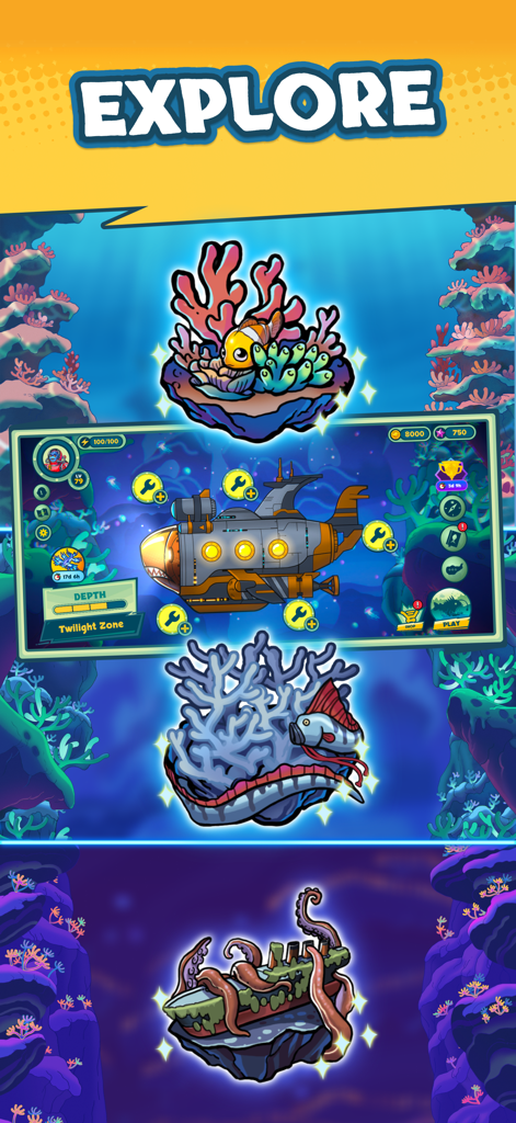 Submarine Quest: Merge&Explore - Underwater exploration interface in Submarine Quest showing a submarine coral reefs and a sunken ship
