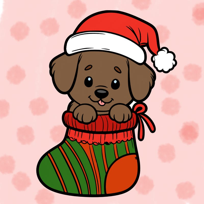 cute puppy wearing santa hat in socking
