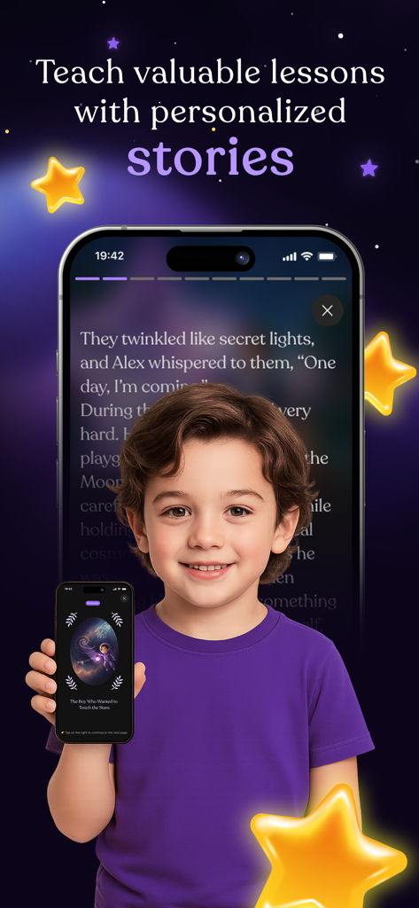 Patmi: AI Storyteller for Kids - A smiling boy holding a smartphone displaying the Patmi AI story app which teaches kids lessons through personalized stories.