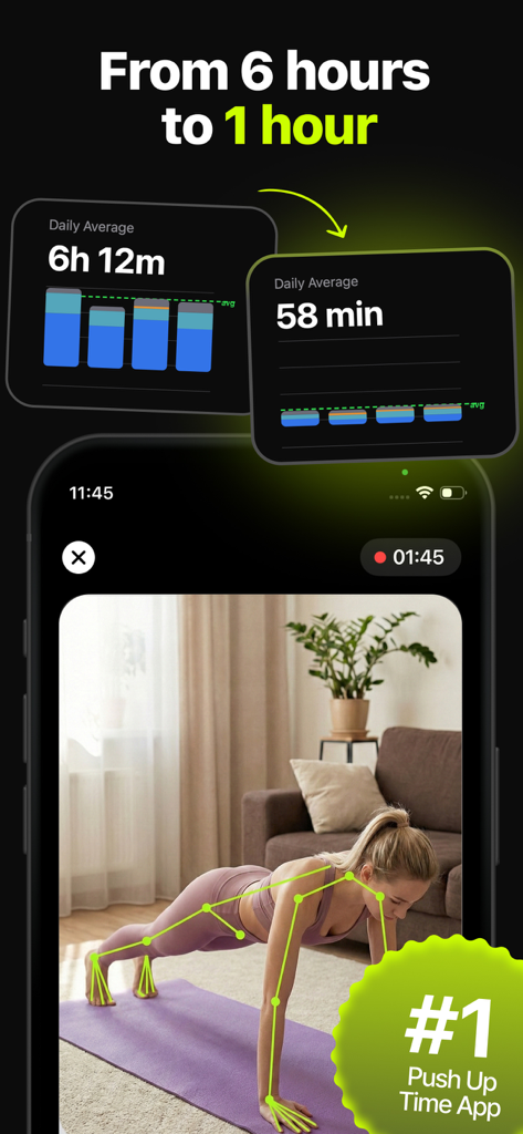 Repscroll: Push Up Screen Time - Repscroll app showing screen time reduction stats and a woman doing push ups with AI pose detection
