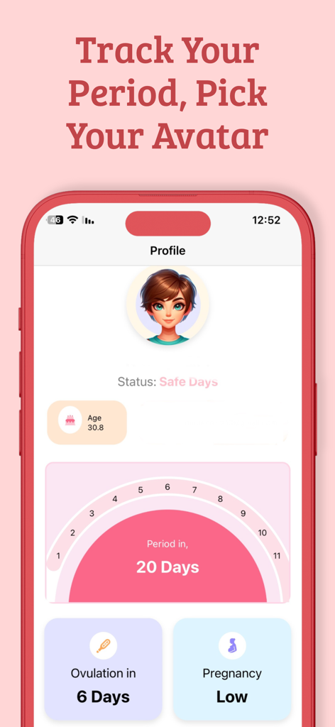 Period Pal - Period Pal app interface showing menstrual cycle countdown and ovulation tracking on a profile screen