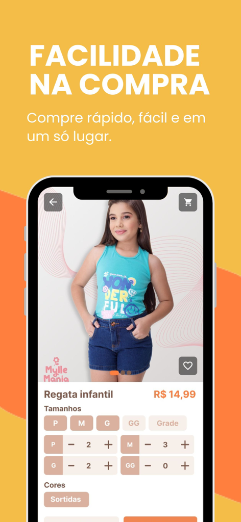 Venda Mais | Atacado - Captura de pantalla de la aplicación Venda Mais Atacado mostrando la selección de talla y cantidad al por mayor para ropa infantil