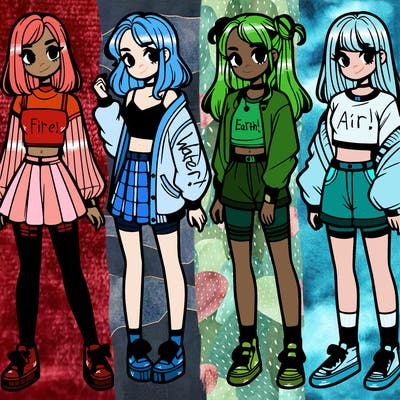 one girl with crop-top shirt and a jacket with a skirt, long socks and another girl with a shirt and pants with a jacket