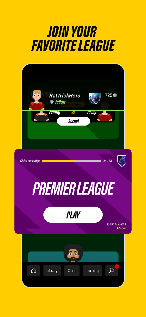 fcQuiz - User interface of fcQuiz app to join the Premier League soccer trivia.