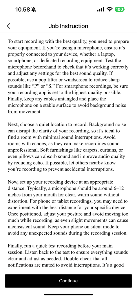 Appen Mobile - Instructions for completing an audio recording task in the Appen Mobile app.