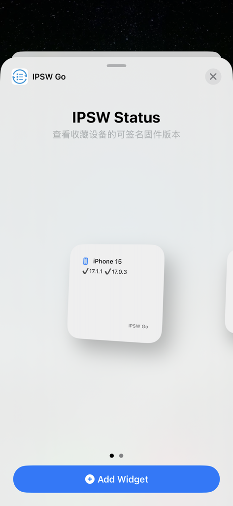 IPSW Go - Vista previa del widget de IPSW Go mostrando las versiones de firmware de iOS firmadas para iPhone 15