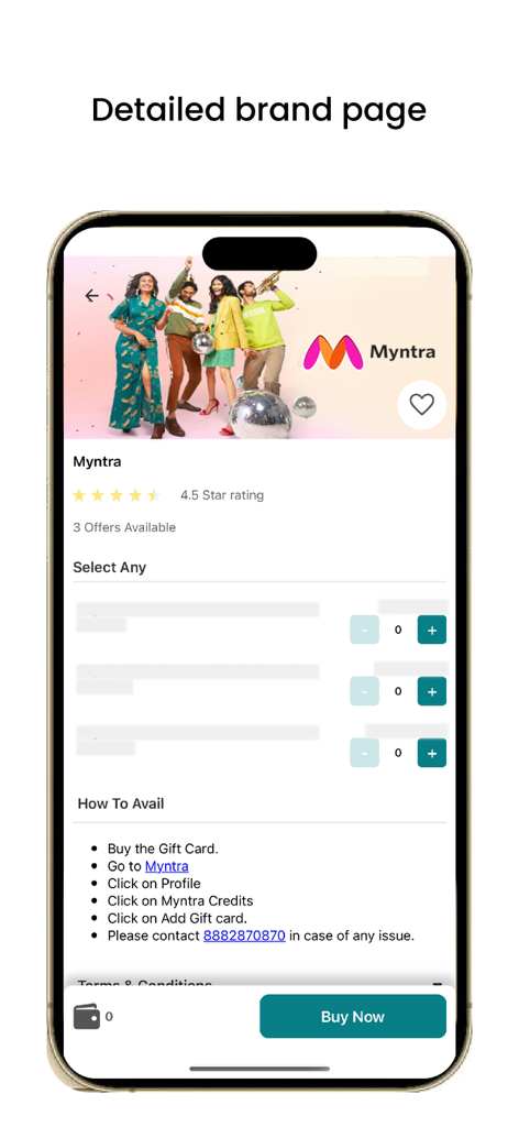 Interfaz de la aplicación móvil AdvantageClub.ai que muestra una página detallada de la marca Myntra con ofertas de tarjetas de regalo e instrucciones de compra