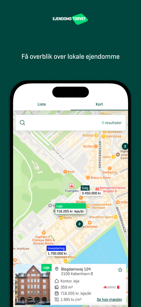 Ejendomstorvet mobile app interface showing commercial real estate listings on a map
