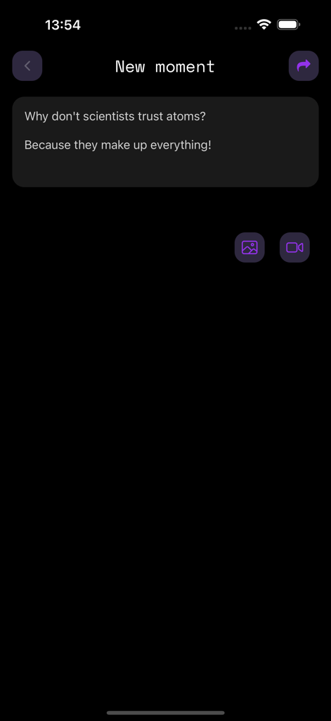 l-mao - Interface of l-mao app showing a New Moment screen with an AI generated joke about atoms