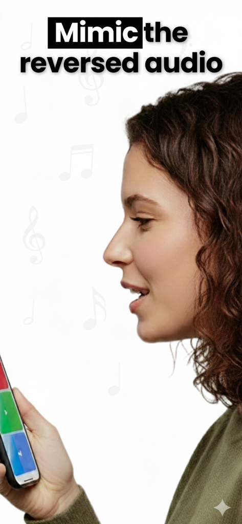 Reverse Play - Voice Changer - A woman speaking into her smartphone to mimic reversed audio for a voice challenge