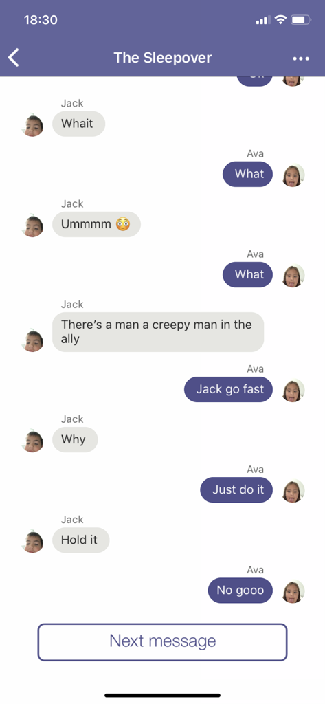 A suspenseful chat story titled The Sleepover on the Creepy app showing a text conversation between characters Jack and Ava
