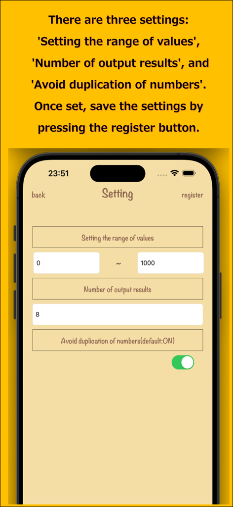 Jackpot Picker - Pantalla de configuración de Jackpot Picker para definir rangos de números y cantidad de resultados.