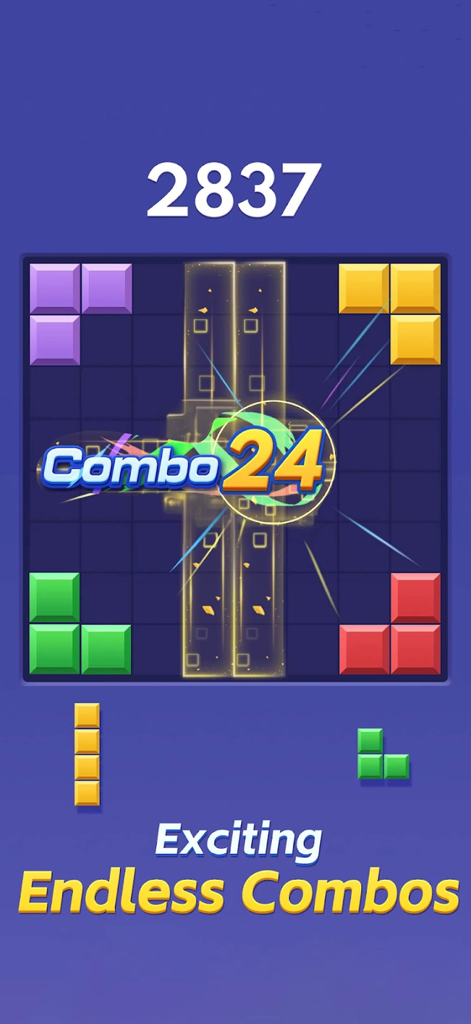 Block Blast - Color Block Jam! - Captura de pantalla del juego de Block Blast - Color Block Jam que muestra bloques coloridos en una cuadrícula con una puntuación de combo de 24.