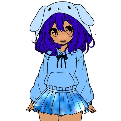 pretty anime girl wearing a fluffy hoodie with bunny ears on the hood and a skirt