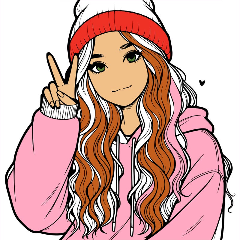 a teenage girl in a beanie, oversized sweatshirt, wavy long hair, and is showing a ✌️