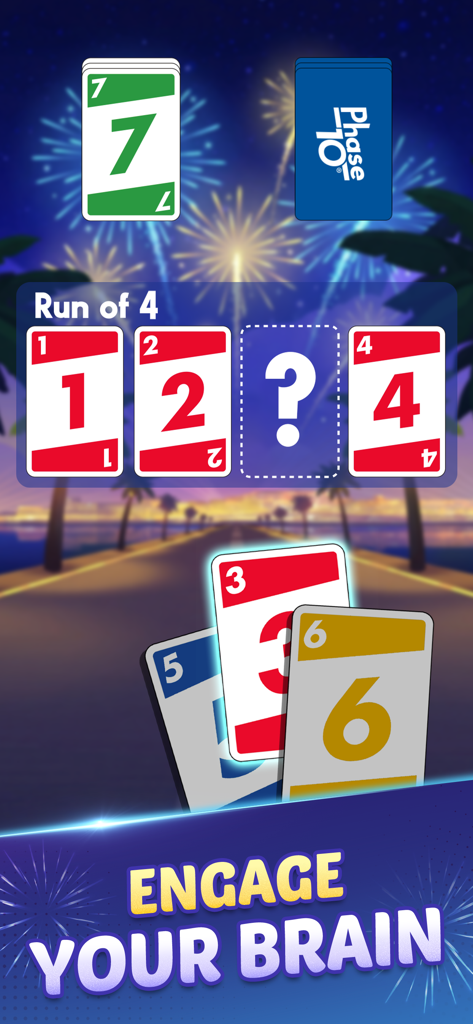 Gameplay screen of Phase 10 showing a numerical sequence puzzle with fireworks and palm trees in the background