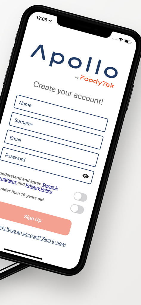 Apollo by FoodyTek - Mobile phone displaying the registration page for the Apollo by FoodyTek app
