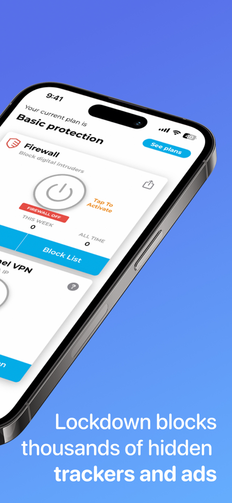 Interfaccia dell'app Lockdown Privacy su un iPhone che mostra l'interruttore del firewall e le funzionalità di blocco dei tracker.