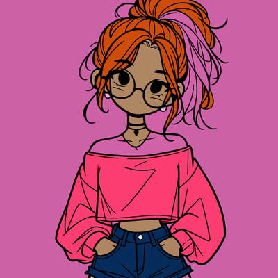 girl with a messy ponytail glasses a baggy crop top and jean shorts