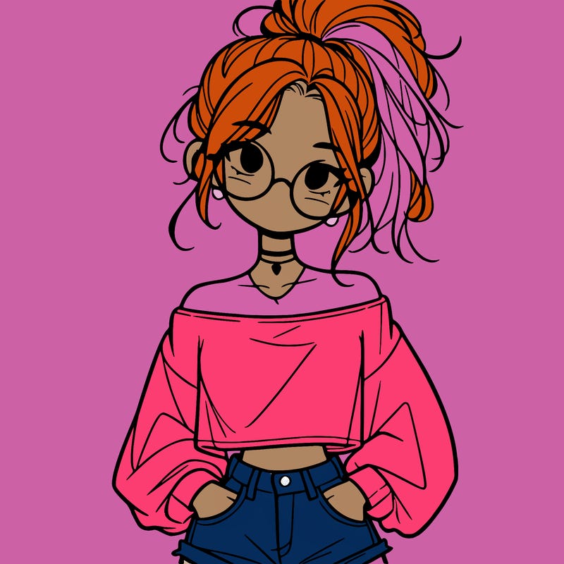 girl with a messy ponytail glasses a baggy crop top and jean shorts