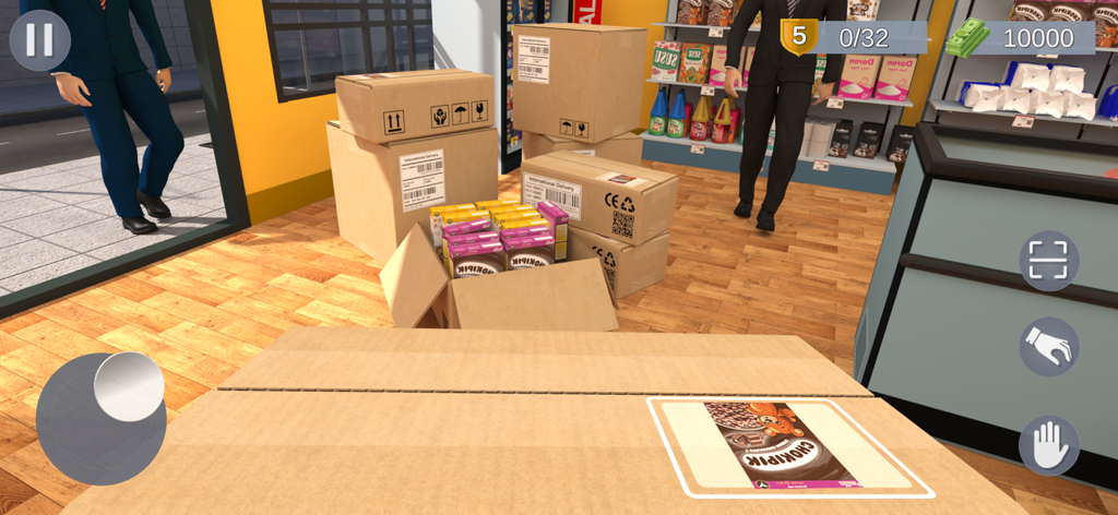 Supermarket Cashier Shop Game - First person view of cardboard boxes ready for restocking in a supermarket shop game.
