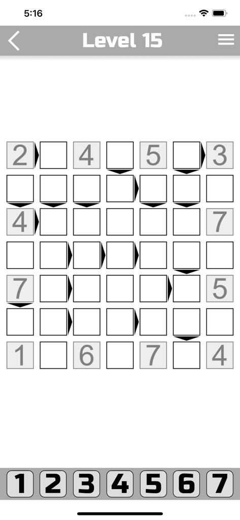 Interface of The Futoshiki puzzle game showing a seven by seven grid with inequality signs and number buttons