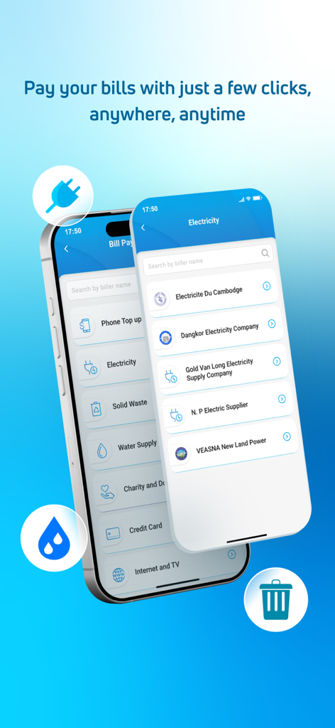 JTR Mobile - JTR Mobile 앱 인터페이스, 캄보디아 전기 및 수도 공과금 납부 옵션 표시