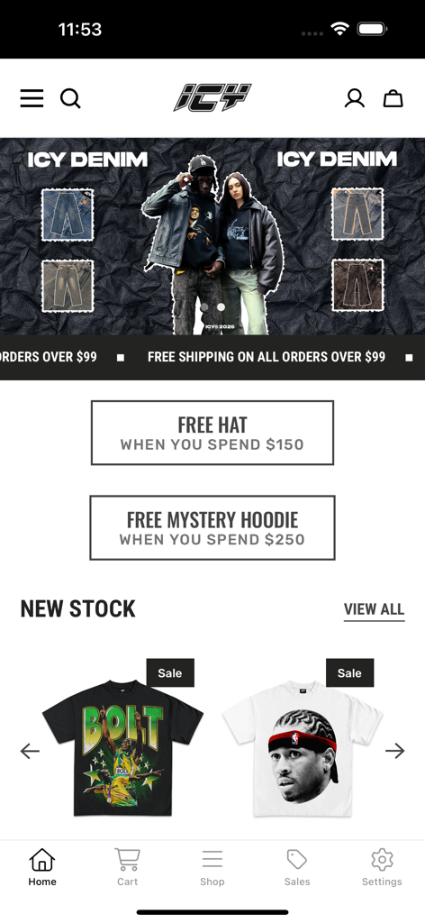 Wear Icy streetwear app home screen featuring denim and graphic tees