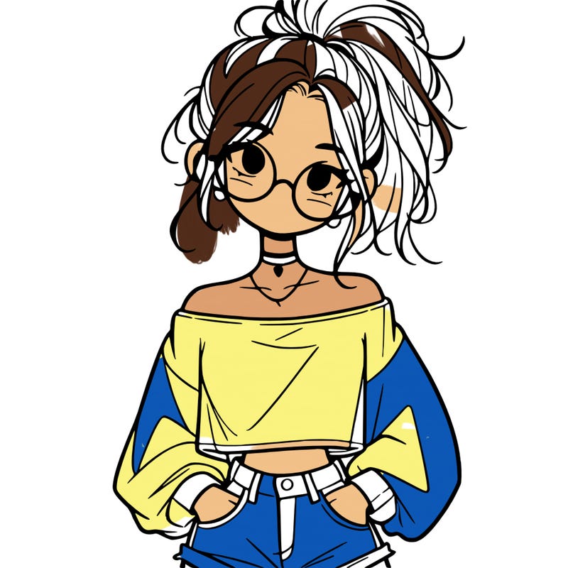 girl with a messy ponytail glasses a baggy crop top and jean shorts