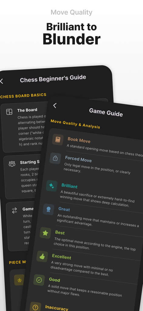 Guía de Calidad de Movimiento y Análisis de la aplicación Lina Chess mostrando clasificaciones de movimientos desde Brillante hasta Impreciso.
