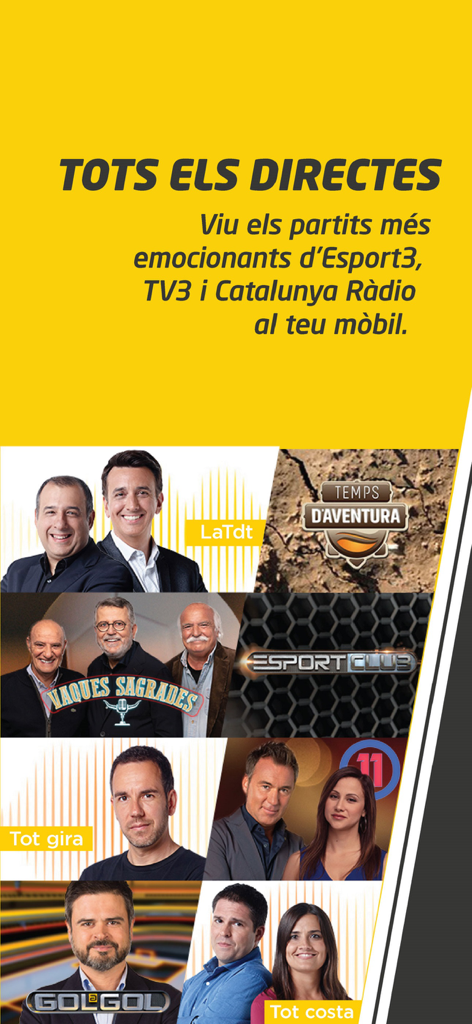 Promotional banner for the Esport3 app showing live sports programs and Catalan media hosts