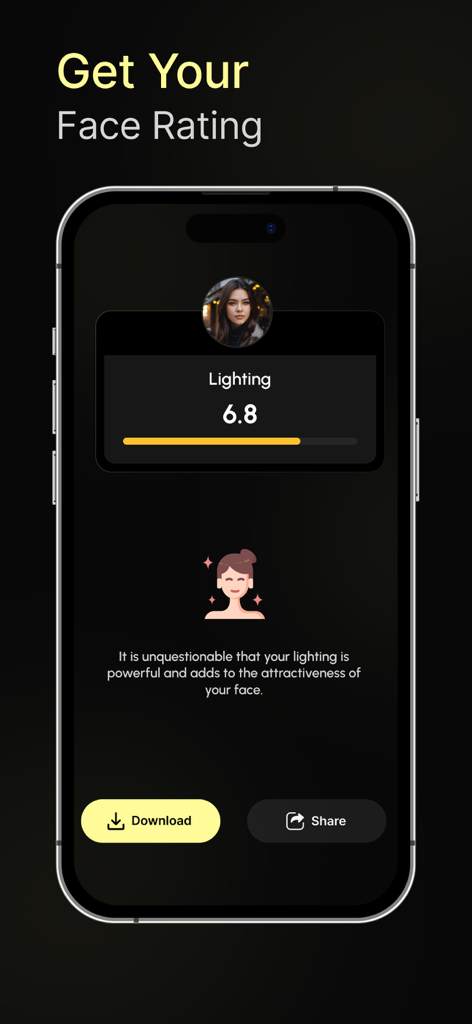 Look AI : Get Your Face Score - 顔の照明スコア6.8とパーソナライズされた美容フィードバックを表示するLook AIアプリのインターフェース