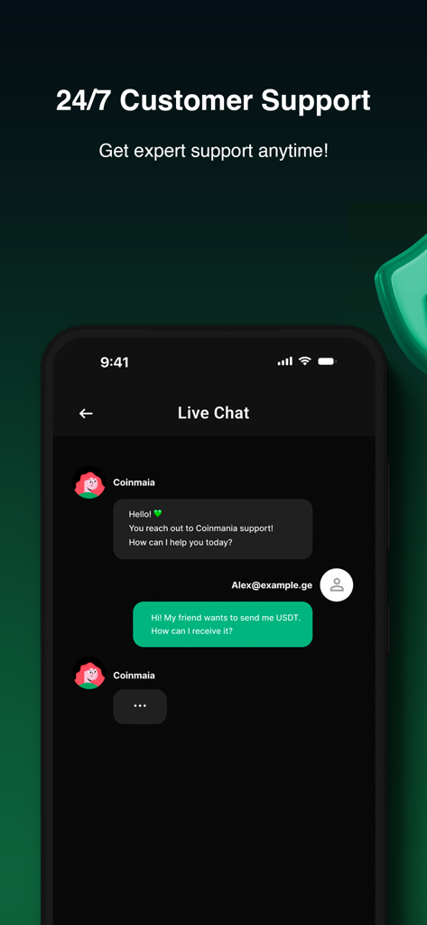 Interface of the Coinmania app showing a live chat conversation for 24/7 expert customer support.