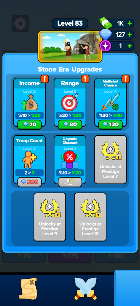 エイジブレイカーズのモバイルゲームスクリーンショット。石器時代のアップグレードメニューに、収入範囲とマルチショットのスキルカードが表示されている。