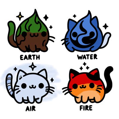 4 cats that represent the different elements, earth, water, air, and fire