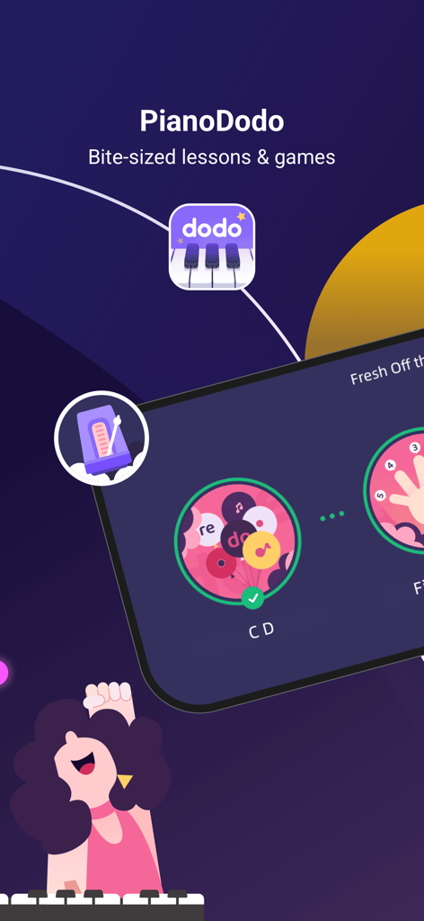 PianoDodo - Learn Piano Basics - PianoDodo app interface featuring bite-sized piano lessons and a cartoon character playing the keyboard