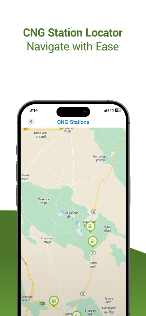 Map interface of the Torrent Gas Connect app showing CNG station locations for easy navigation